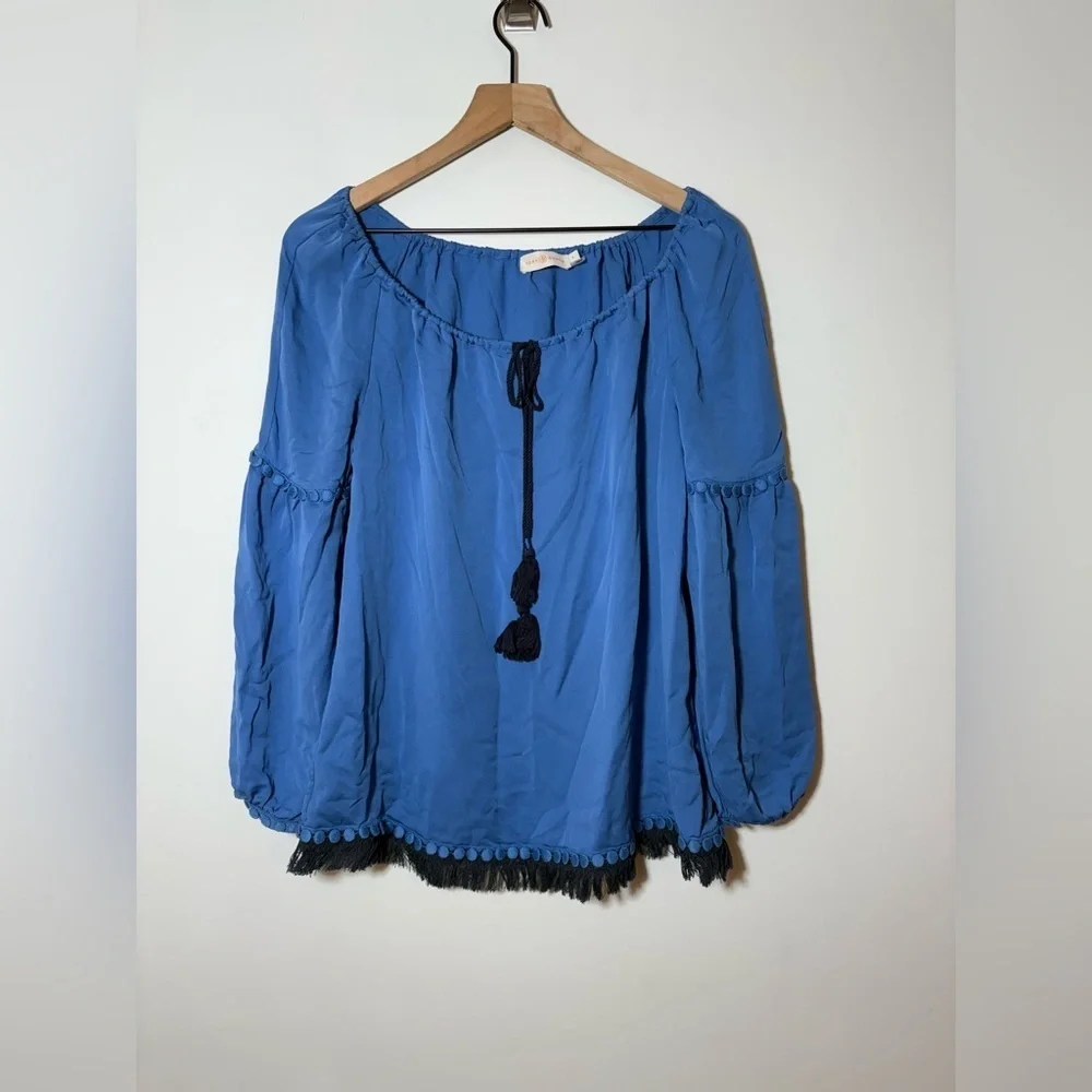 TORY BURCH Blue Silk Fringe Long Sleeves SYLVIE Blouse Size 4 $325
